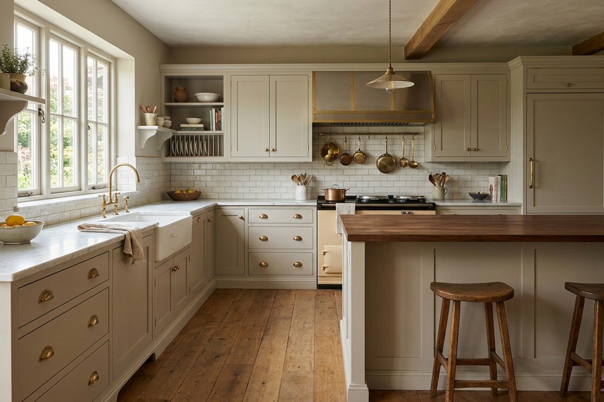 Classic Shaker kitchen cabinets in neutral paint with polished nickel or brass pulls