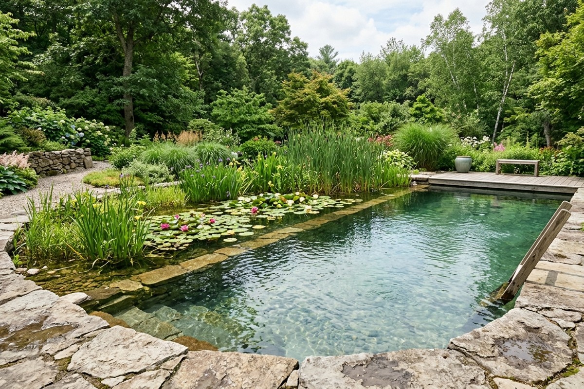 Natural swimming pool with a plant-filled regeneration zone and clear water, blending into a green landscaped garden.