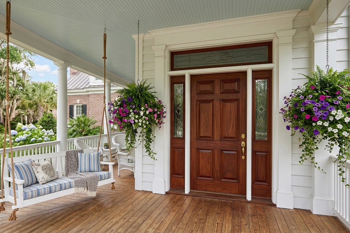 Classic Southern porch with rope swing, vibrant hanging baskets, and an oversized mahogany front door.