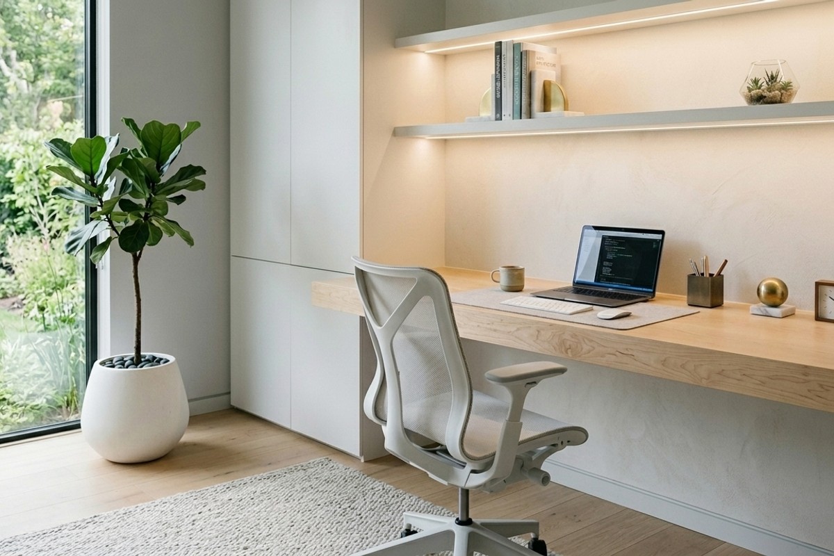 Minimalist zen home office with blonde maple floating desk, ergonomic chair, neutral colors, and a sculptural plant, promoting clarity.