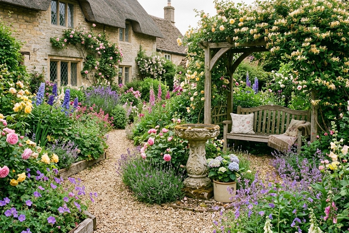 Winding gravel path leading to a weathered stone birdbath and wooden bench under a honeysuckle arch in an English cottage garden.