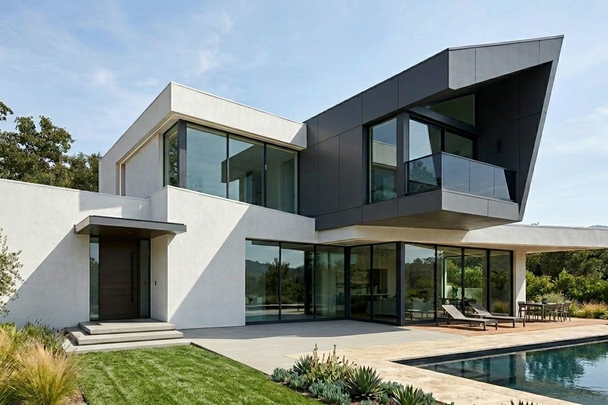 Modern minimalist house facade with white stucco, gray panels, and large floor-to-ceiling windows.