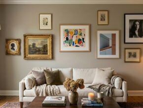Eclectic gallery wall in a living room with various framed art, photos, and prints in matte black, oak, and gilt frames.
