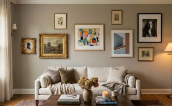 Eclectic gallery wall in a living room with various framed art, photos, and prints in matte black, oak, and gilt frames.