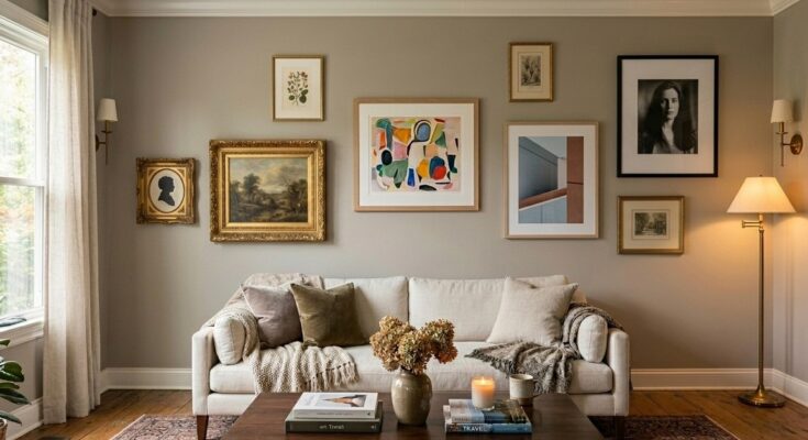 Eclectic gallery wall in a living room with various framed art, photos, and prints in matte black, oak, and gilt frames.