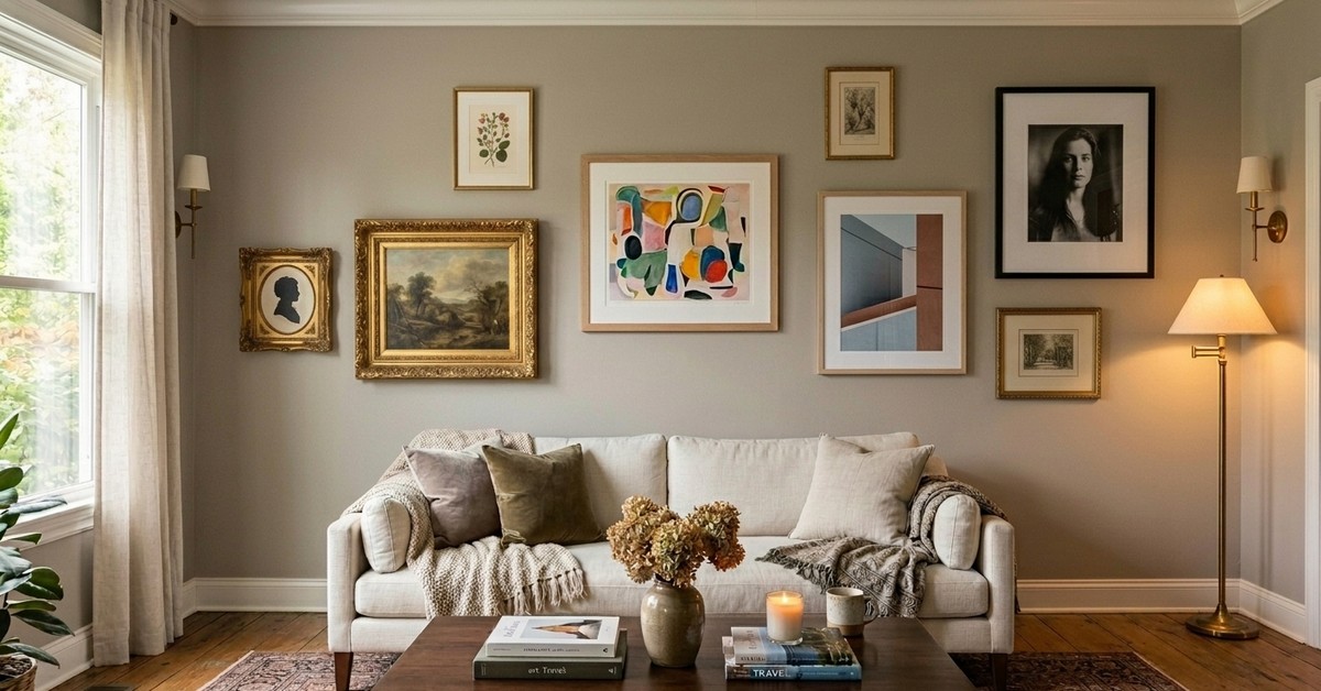 Eclectic gallery wall in a living room with various framed art, photos, and prints in matte black, oak, and gilt frames.