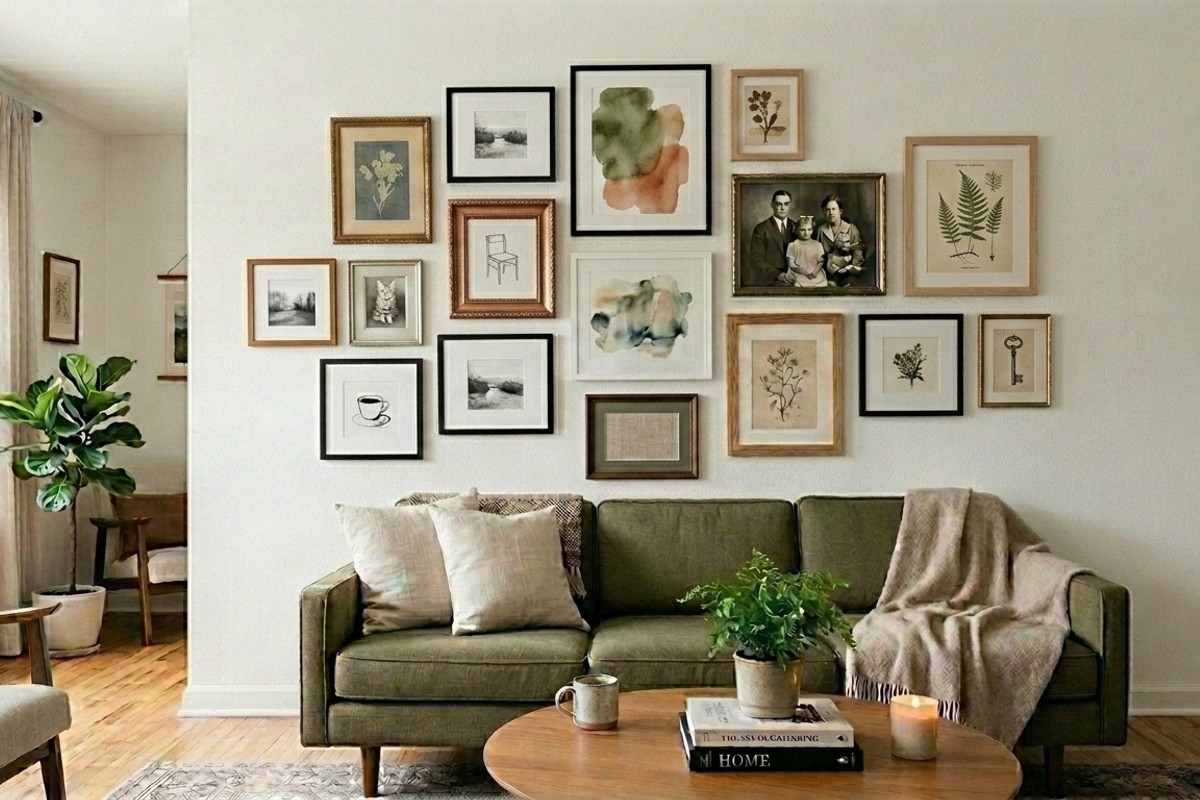 Curated gallery wall with framed art prints and photographs in various styles and muted tones.