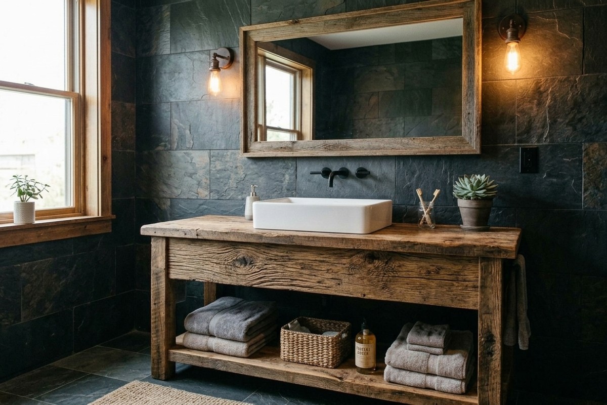 Rustic bathroom with reclaimed wood vanity and crisp white ceramic or deep slate tiles
