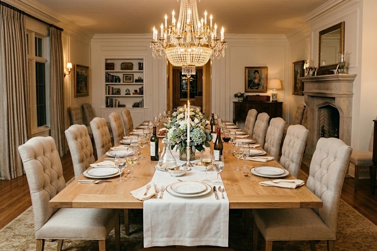 Large white oak extendable dining table with classic upholstered chairs, ready for a formal dinner party.