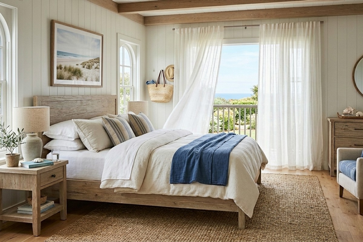 Coastal Retreat bedroom with linen bedding, seagrass rug, weathered oak furniture, and sheer curtains.
