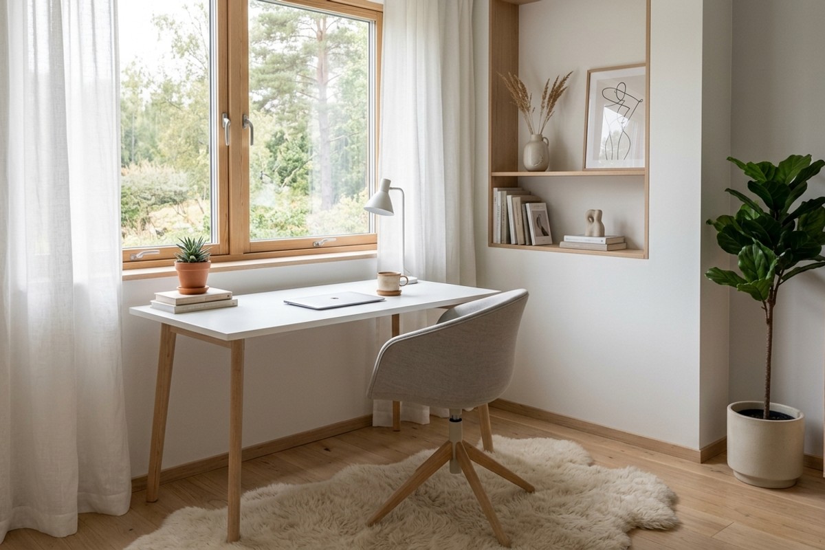 Nordic serenity home office with white desk, ergonomic chair, sheepskin rug, and natural light