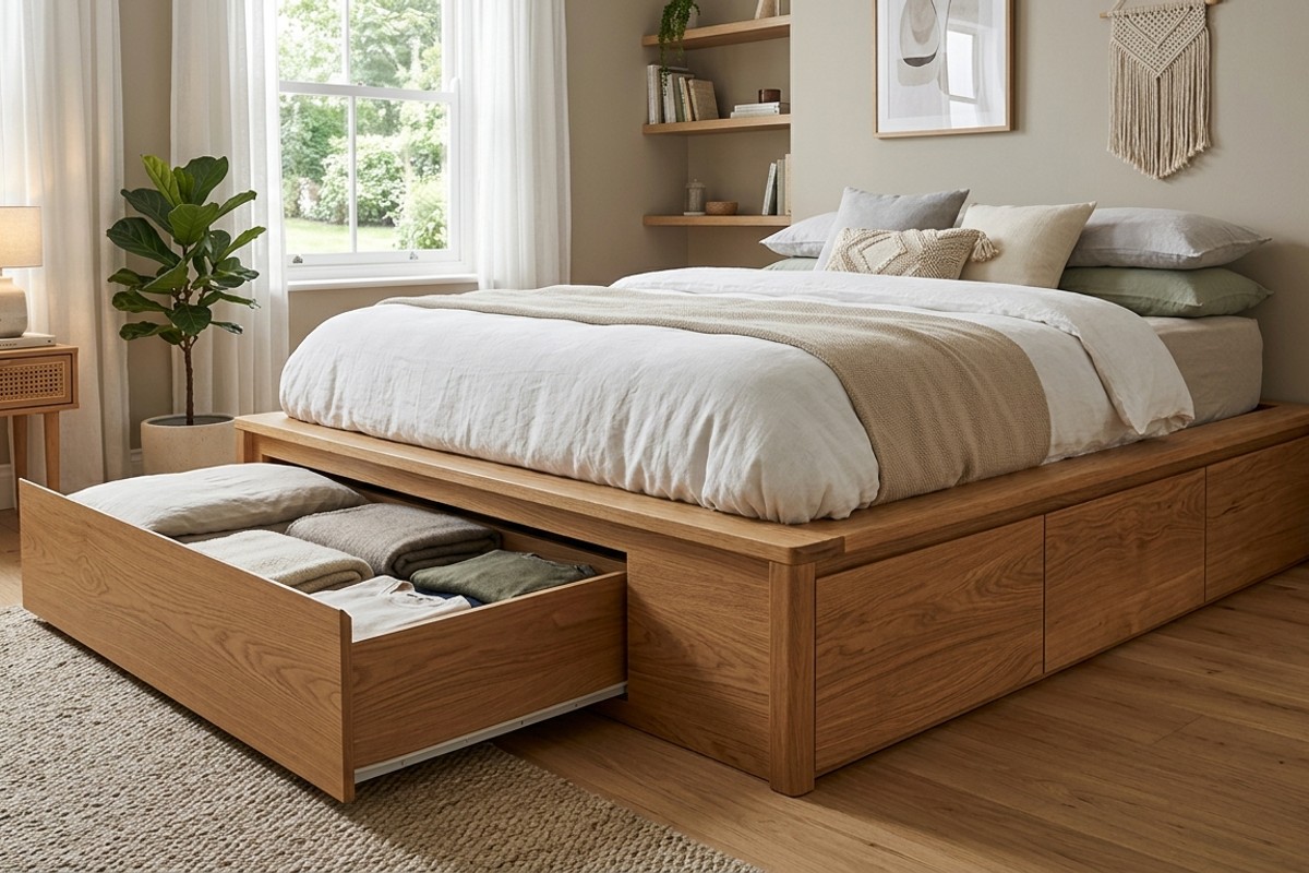 Integrated platform bed with natural oak pull-out drawers for clever bedroom storage