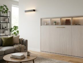 Closed fold-down wall desk with whitewashed oak finish, blending into a modern living room as a decorative panel.