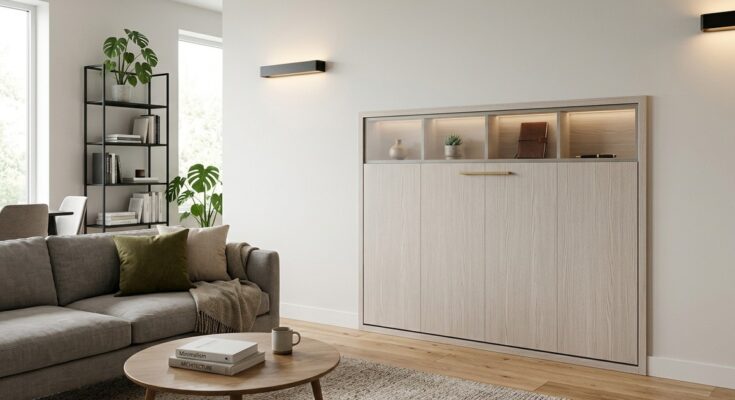 Closed fold-down wall desk with whitewashed oak finish, blending into a modern living room as a decorative panel.