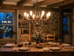 Rustic farmhouse dining room with vintage chandelier and Edison bulbs, casting a soft, ambient glow.