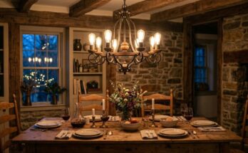 Rustic farmhouse dining room with vintage chandelier and Edison bulbs, casting a soft, ambient glow.