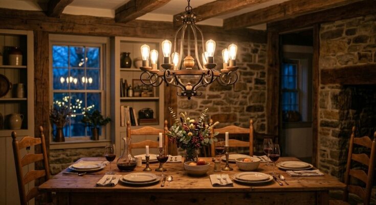 Rustic farmhouse dining room with vintage chandelier and Edison bulbs, casting a soft, ambient glow.