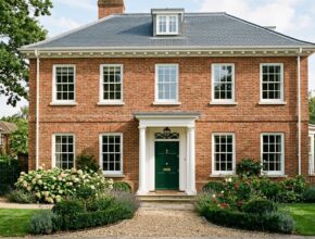 Classic brick home facade with warm red brick, white window trim, and a deep forest green front door, showcasing timeless exterior design.