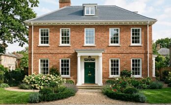 Classic brick home facade with warm red brick, white window trim, and a deep forest green front door, showcasing timeless exterior design.
