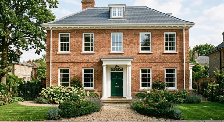 Classic brick home facade with warm red brick, white window trim, and a deep forest green front door, showcasing timeless exterior design.