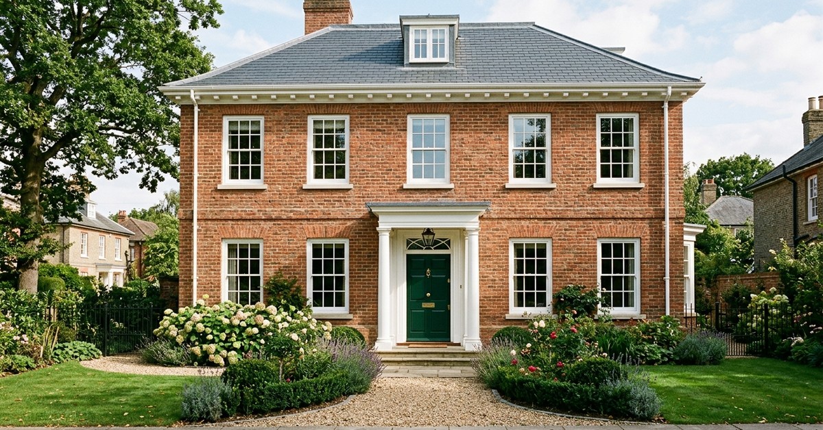 Classic brick home facade with warm red brick, white window trim, and a deep forest green front door, showcasing timeless exterior design.