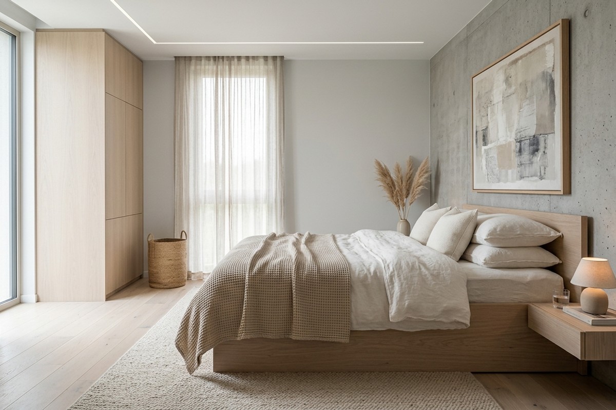 Minimalist serene bedroom with platform bed, off-white linen, light gray walls, bleached oak, and abstract art.