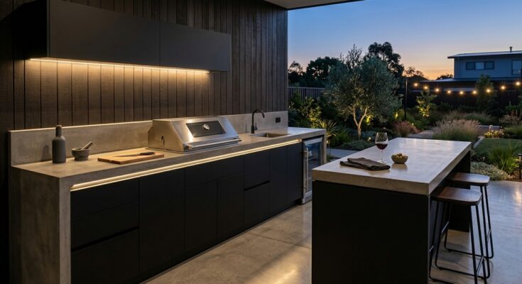 Modern minimalist outdoor kitchen with polished concrete, matte black cabinets, stainless steel grill, and warm LED lighting.