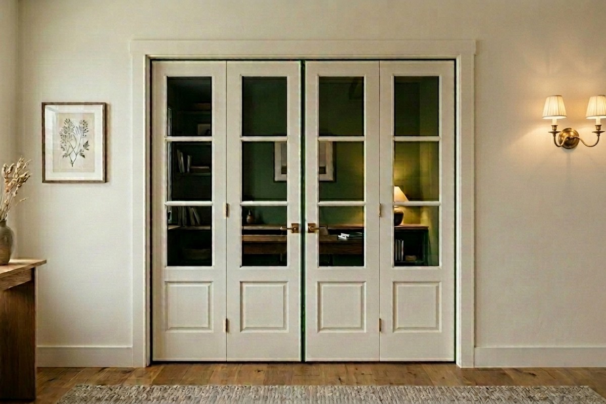 Closed bifold doors concealing a hidden home office with a vibrant green interior.