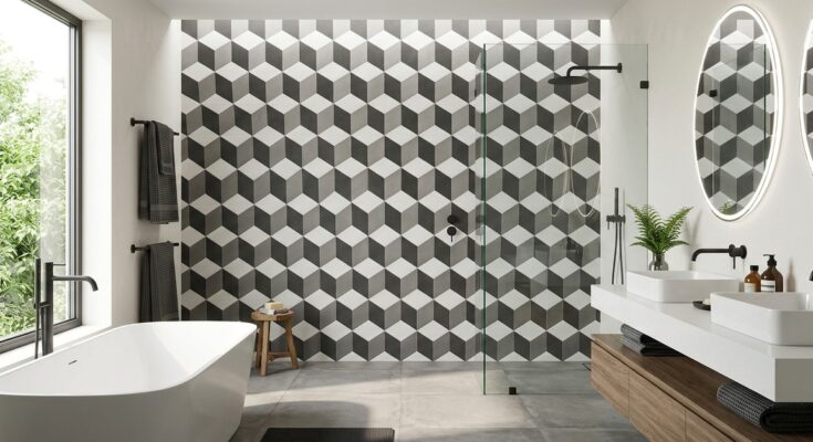 Modern bathroom with geometric pattern statement tiles in charcoal gray and white hexagons interlocking on the floor.