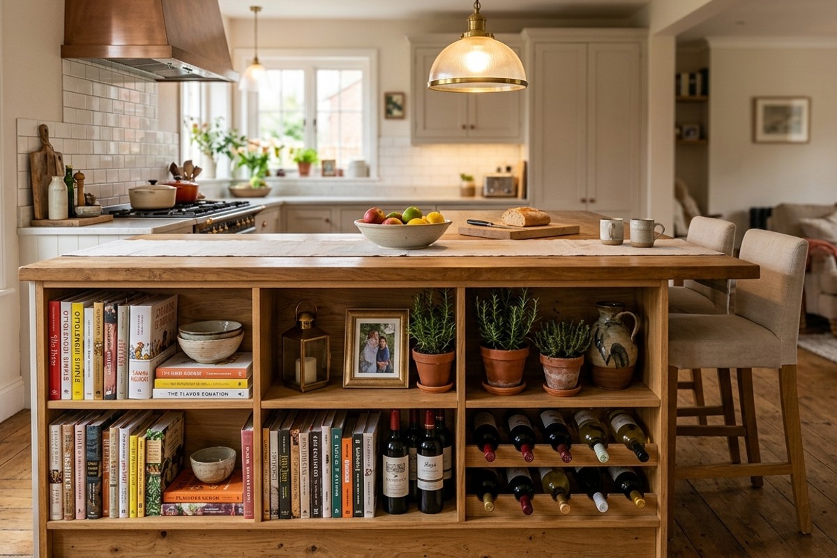 Kitchen island featuring open, library-style shelving with cookbooks, decorative items, and a wine collection.