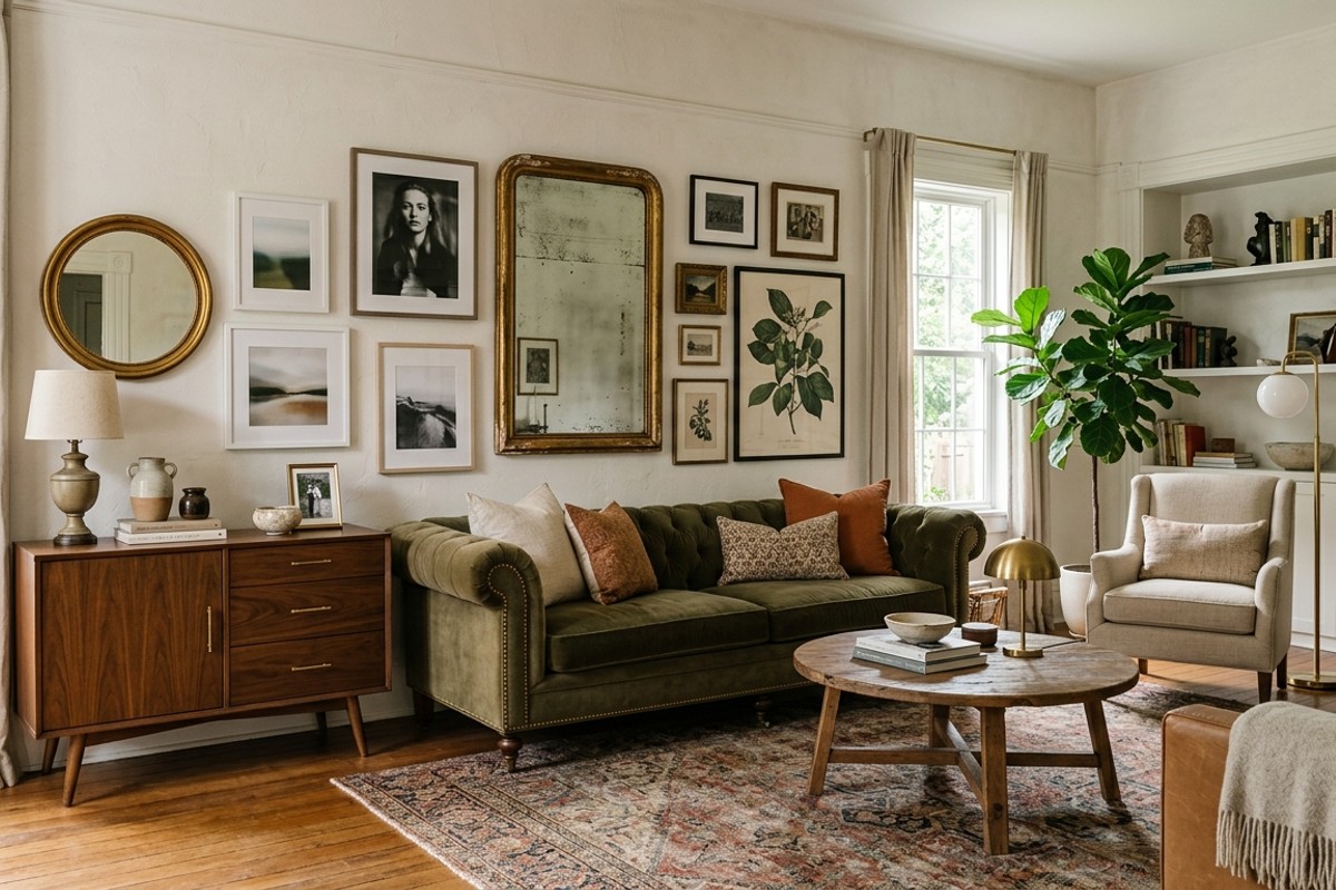 Artful eclectic living room with mid-century modern credenza, plush traditional sofa, antique mirrors, and contemporary photography.
