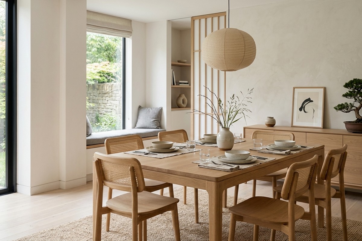 Japandi dining room with clean lines, oak wood, ceramic, linen, and a neutral palette of whites and greys.