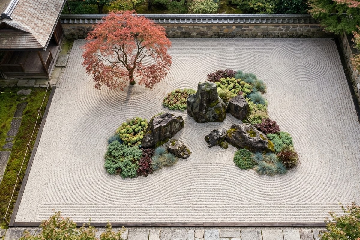 Zen gravel garden with raked patterns, sculptural rocks, and drought-resistant sedums and Japanese maple.