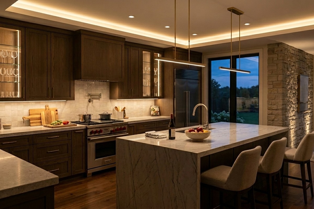 Kitchen with a zoned lighting system, featuring dimmable task, ambient, and accent lighting with warm white LEDs.