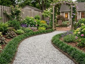 Meandering pea gravel path with steel edging and mondo grass