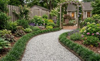Meandering pea gravel path with steel edging and mondo grass
