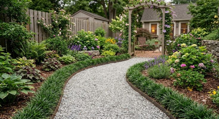 Meandering pea gravel path with steel edging and mondo grass
