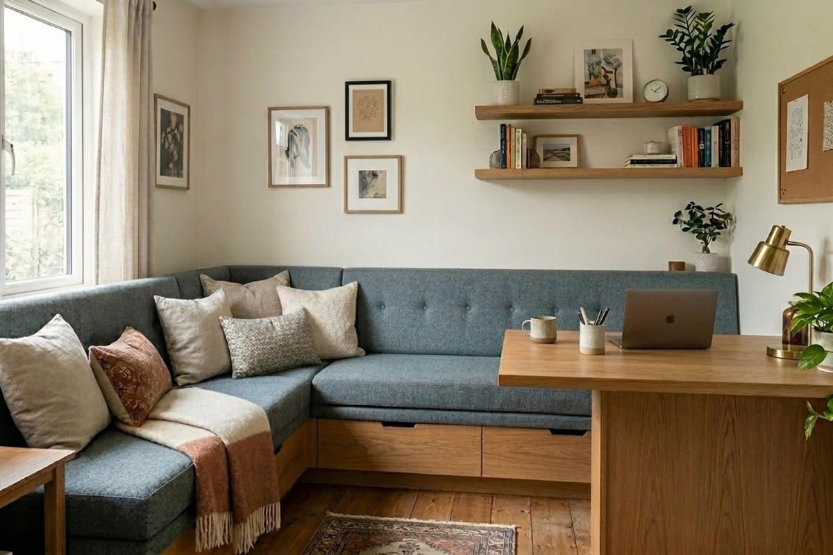 Corner banquette office with a built-in desk surface and upholstered seating in timeless tweed fabric.