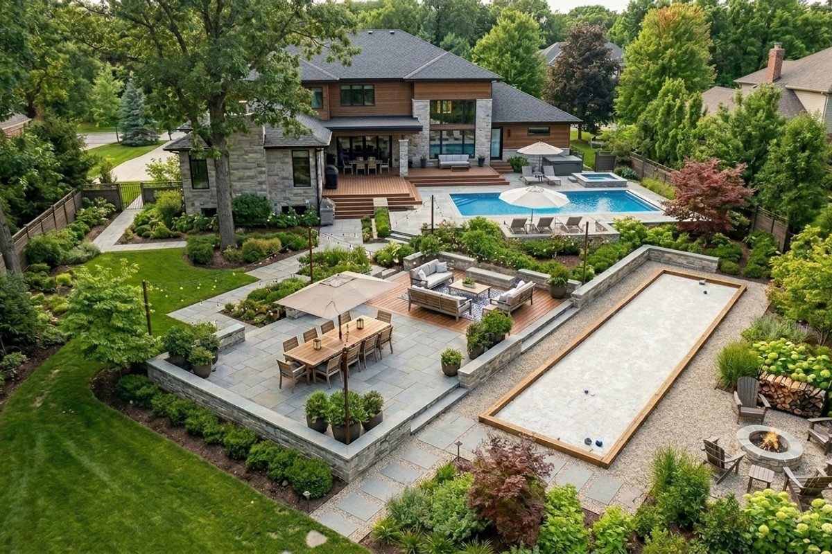 Multi-zone patio with distinct dining, lounge, bocce court, delineated by planters and paving