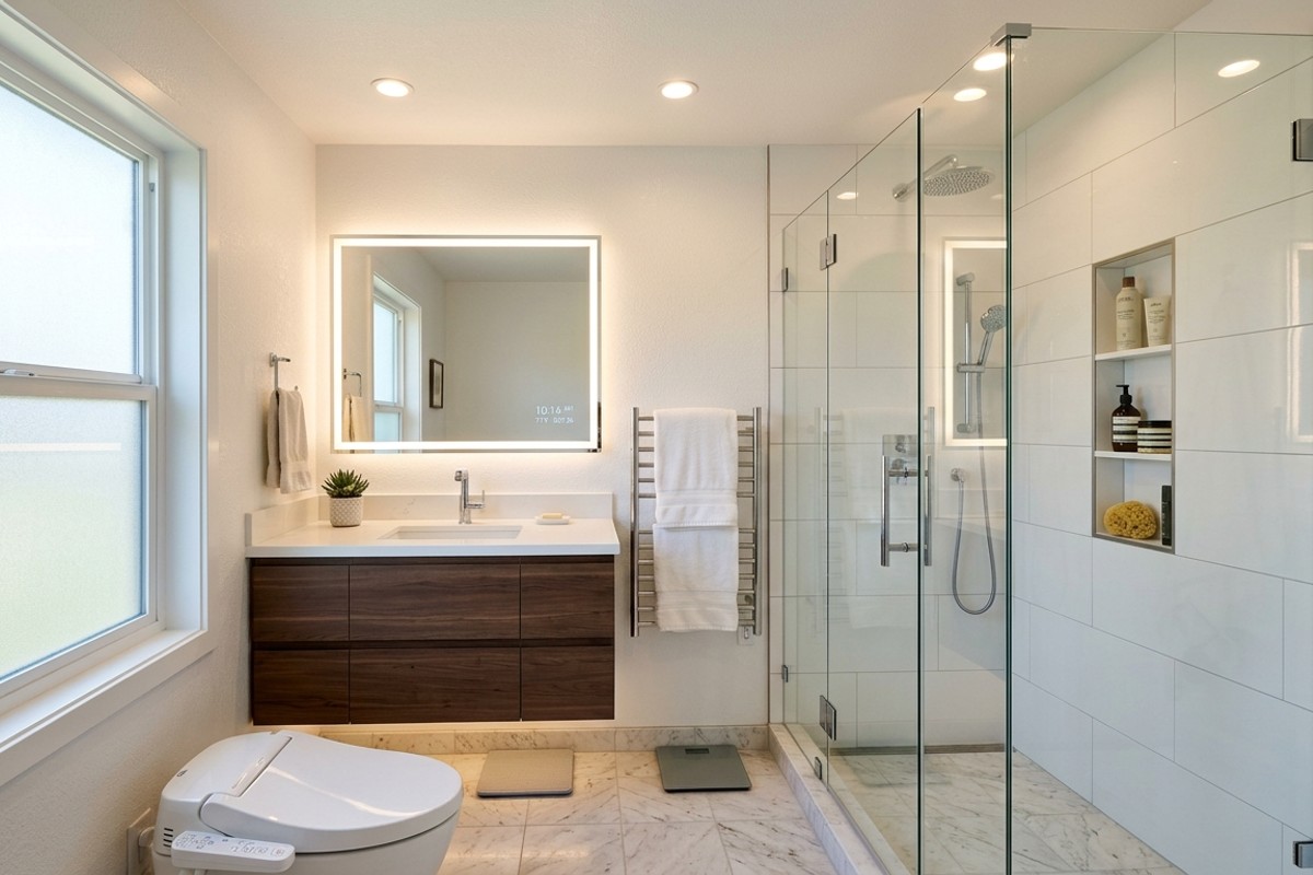 Small bathroom with frameless glass shower and ample lighting