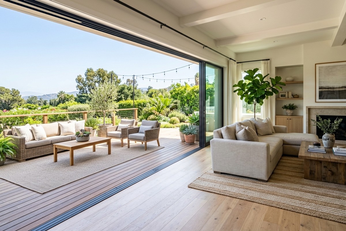 Living room with large sliding glass doors opening to a patio, creating an indoor-outdoor connection with versatile design