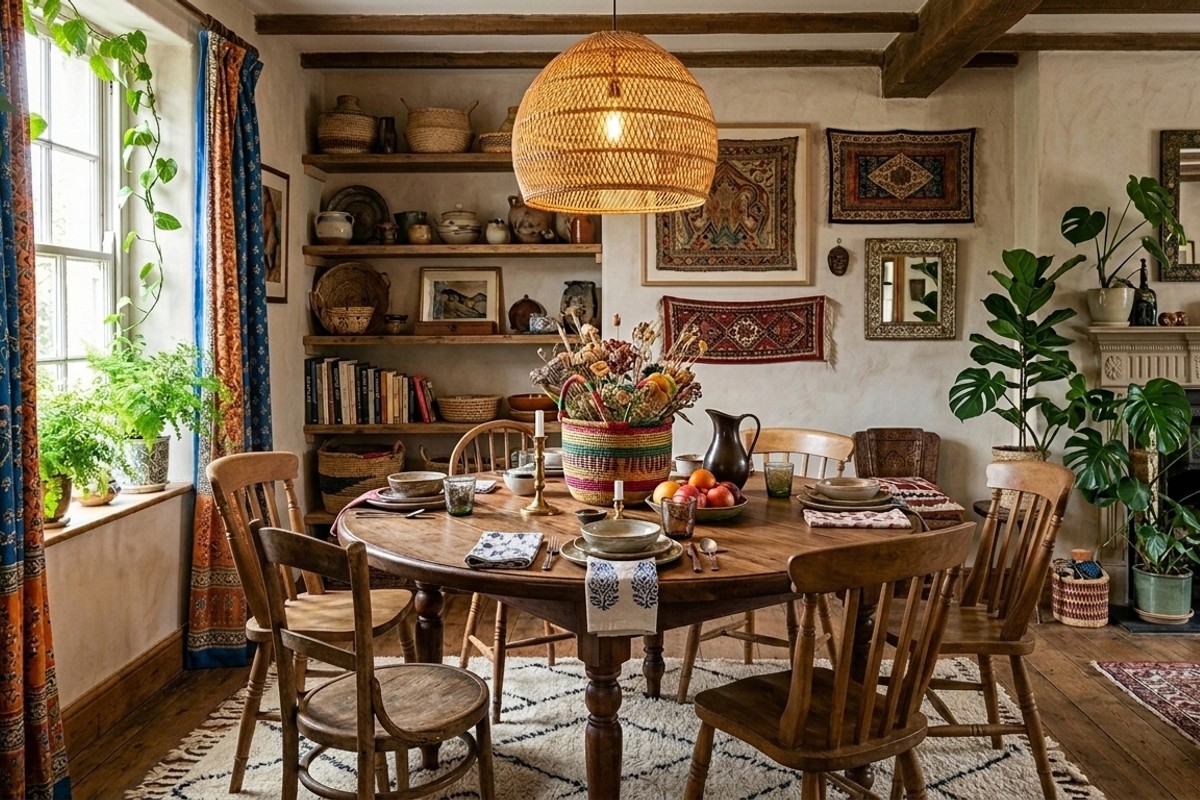 Eclectic global fusion dining room with round wood table, diverse chairs, global textiles, and natural fiber pendant light.