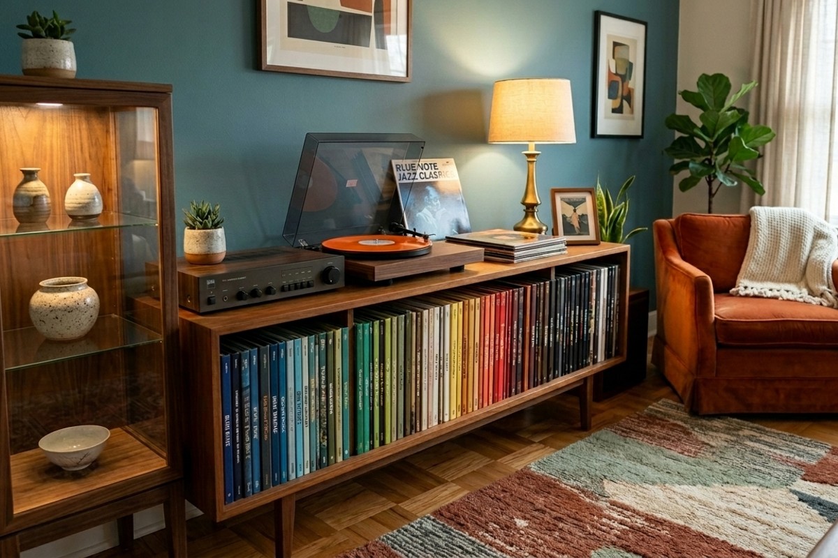 Custom credenza with a record player and organized vinyl albums, alongside a glass vitrine with ceramic pieces, displaying collections.