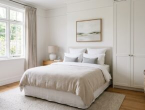 Decluttered bedroom with clear surfaces and elegant storage solutions like baskets and cabinetry.