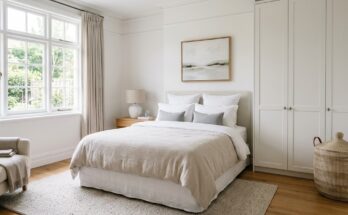 Decluttered bedroom with clear surfaces and elegant storage solutions like baskets and cabinetry.