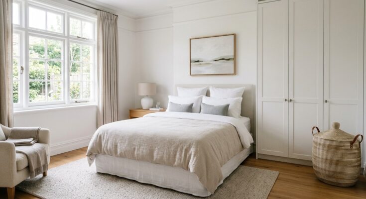 Decluttered bedroom with clear surfaces and elegant storage solutions like baskets and cabinetry.