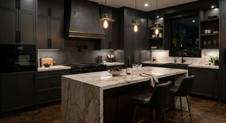 Luxurious dark kitchen with charcoal grey or navy cabinets, matte black hardware, and marble or wood accents
