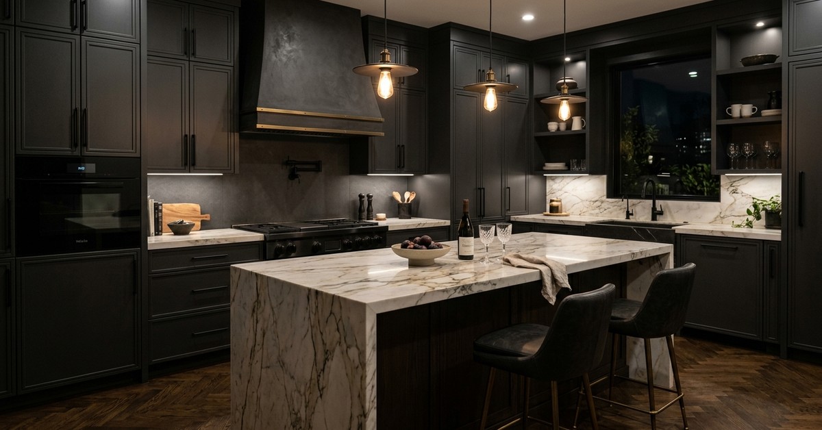 Luxurious dark kitchen with charcoal grey or navy cabinets, matte black hardware, and marble or wood accents