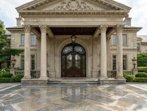 Grand estate portico with polished granite flooring and oversized double doors with intricate glasswork.