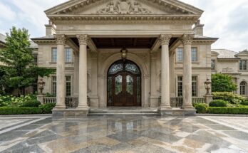 Grand estate portico with polished granite flooring and oversized double doors with intricate glasswork.